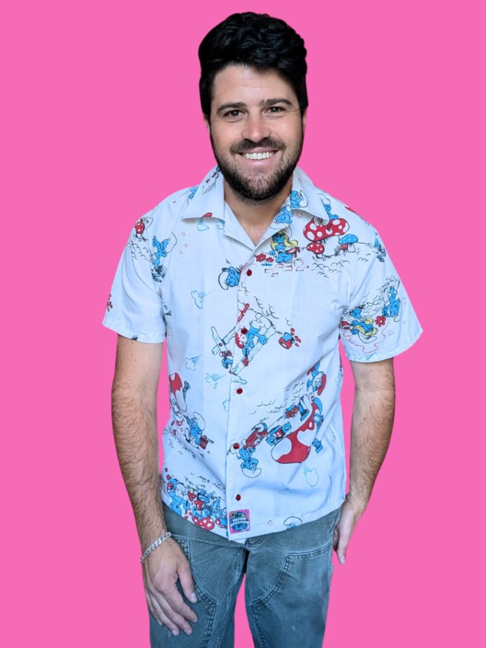 Handmade, Upcycled The Smurfs Bedsheet Button Down Shirt Size S